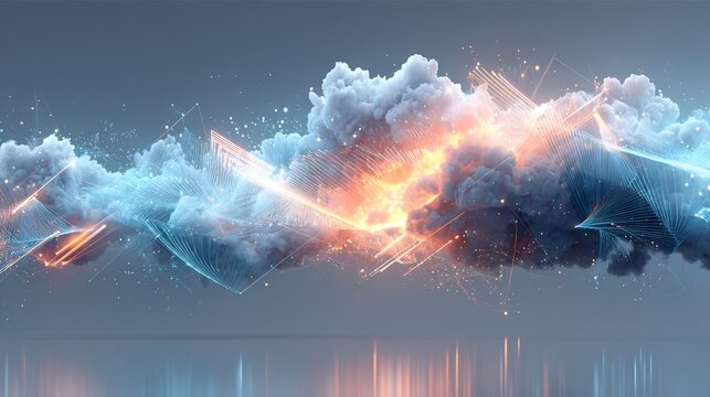 Abstract Digital Cloud Data Network with Glowing Light Trails and Particles