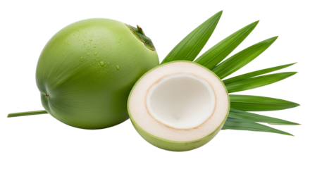 A whole young green coconut, a perfectly cut half of a young green coconut, and several vibrant green palm fronds, white background isolated