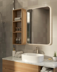 Rectangle mirror and wooden float shelf on tile wall over marble sink counter with towel in bathroom