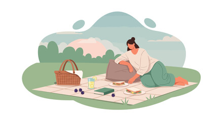 Fototapeta premium Illustration of a woman enjoying a picnic in nature during a sunny day