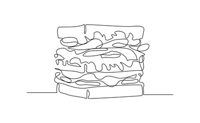 continuous line of delicious sandwich fast food or junk food sketch drawing editable stroke concept for cafe, restaurant, and food shop. vector illustration
