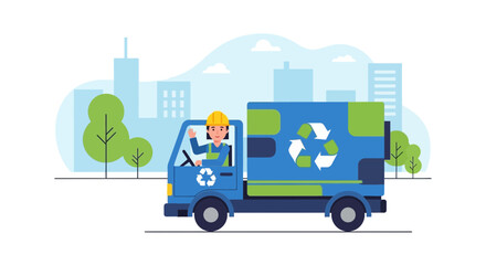 Fototapeta premium Illustration of a recycling truck with a worker in front of an urban environment