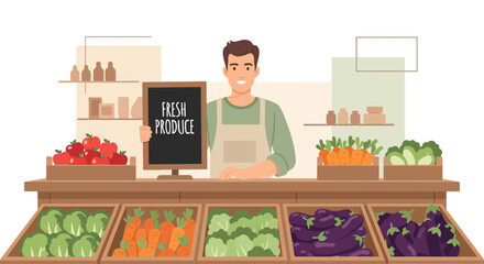 Illustration of a shopkeeper in a fresh produce shop with various vegetables and fruits display