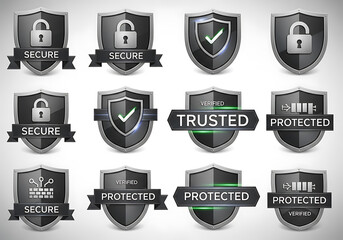 Collection of security shields with icons of padlock, checkmark, and data, signifying protection, trust, and secure network, isolated on white background