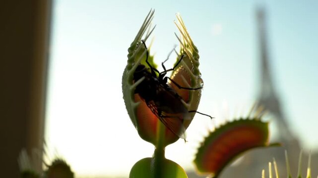Venus flytrap capturing a fly, carnivorous plant feeding on insect, natural pest control, close-up of plant eating insect, unique plant behavior, fascinating nature scene.