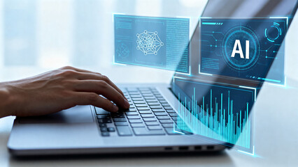 Hand typing on laptop with AI graphics