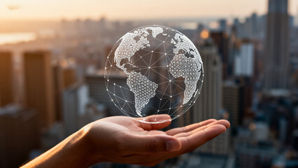 Digital globe over city skyline