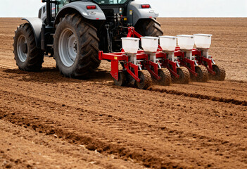 a modern tractor equipped with a seed planting machine operating in a freshly plowed field. 