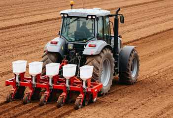 a modern tractor equipped with a seed planting machine operating in a freshly plowed field. 