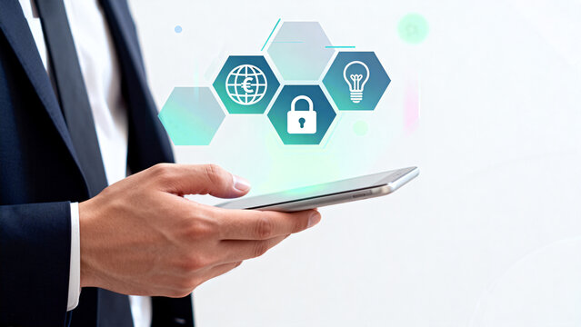 Businessman with digital security icons - Powered by Adobe