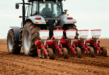 a modern tractor equipped with a seed planting machine operating in a freshly plowed field. 
