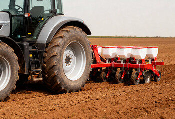 a modern tractor equipped with a seed planting machine operating in a freshly plowed field. 