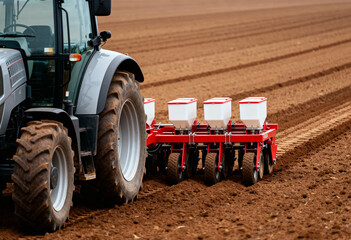 a modern tractor equipped with a seed planting machine operating in a freshly plowed field. 