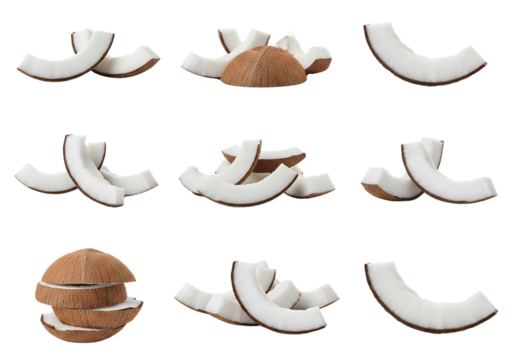 Various arrangements of fresh coconut slices, isolated on a pure white background
