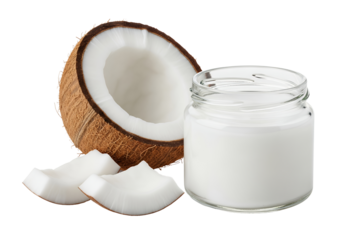 A collection of coconut-derived products, white background isolated