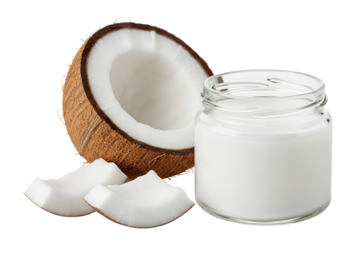 A collection of coconut-derived products, white background isolated