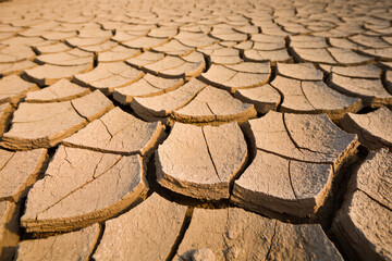 8K ultra-realistic close-up photo of cracked dry earth in drought area, sharp textures, harsh sunlight