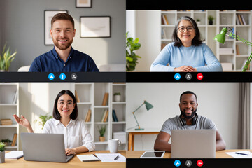 8K ultra-realistic photo of professionals in online meeting via laptops with split-screen video call visible in home office setting, sharp natural lighting