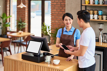 8K ultra-realistic photo of coffee shop cashier taking payment from customer with modern POS system on counter and cozy café background, sharp details