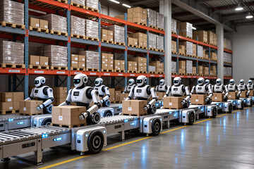8K ultra-realistic photo of automated robots moving packages inside e-commerce warehouse with shelves full of boxes and industrial lighting
