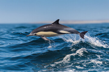8K ultra-realistic photo of dolphin leaping out of ocean waves with sharp water splashes and bright daylight