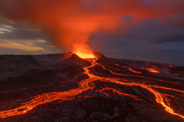 8K ultra-realistic wide photo of volcano erupting with lava flow, sharp molten textures, dramatic fiery sky