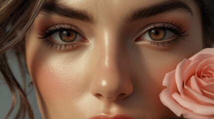 Close up portrait of a woman with sparkling eyes and a delicate pink rose near her face