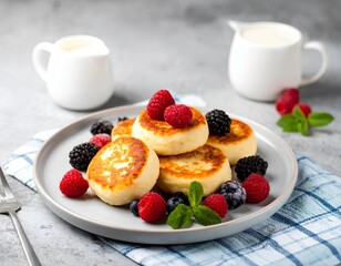 Cottage cheese pancakes with berries and milk