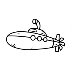 Submarine Doodle Illustration on Transparent Background Featuring Black Outline in Cartoon Style