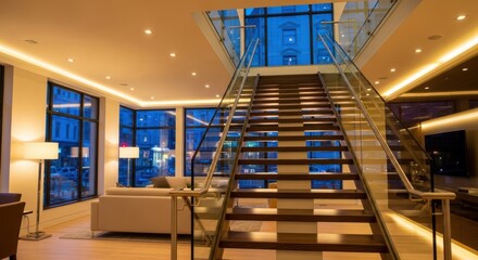Fototapeta premium Modern Urban Interior with Luminous Glass and Wood Staircase, Reflecting City Lights and Contemporary Design