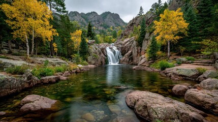 Scenic Waterfall in Autumn Serene Landscape of Nature's Beauty with Golden Hues and Rocky Surroundings