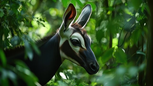 Okapi calf portrait, lush rainforest, wildlife conservation