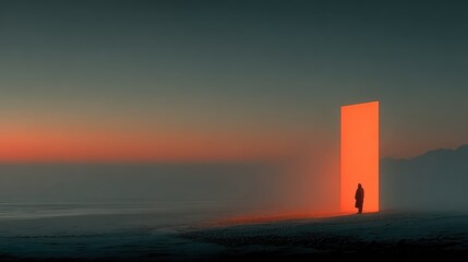 A surreal landscape with a person standing before a bright, glowing portal