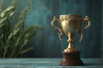 Golden trophy on dark wood base with intricate scroll handles, elegant cup shape, luxurious design. Blurred bluegreen background.