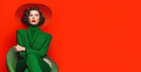 A woman in a green suit sits on a vintage chair against an isolated red background