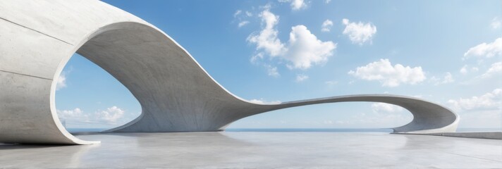 Modern Curved Concrete Structure with White Color under Clear Blue Sky and Fluffy White Clouds, Peaceful and Serene Atmosphere