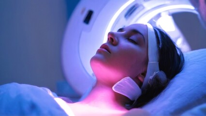 Tranquil woman receiving facial treatment in relaxing setting with medical device scanning for skin abnormalities.