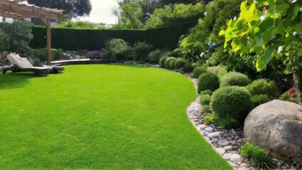 Serene garden scene featuring wellmanicured lawn, lush greenery, rock formation, lounge chairs, and wooden pergola under a blue sky.
