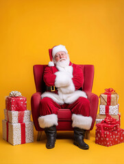 relaxed Santa Claus in an armchair on a bright yellow background