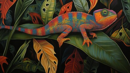 Panther chameleon walking rainforest leaves, art print
