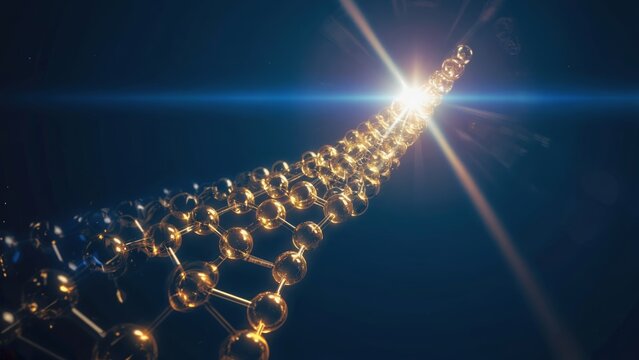 Golden DNA helix structure glowing with futuristic light in dark space background, symbolizing genetics, molecular science, biotechnology, medicine, research, biology, and innovative scientific study.
