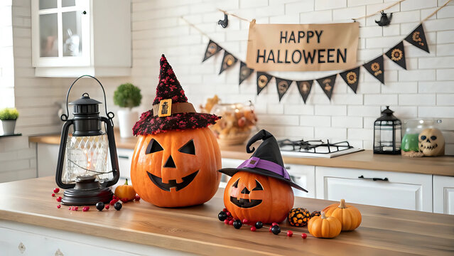 Modern minimalist kitchen decorated : carved jack-o'-lantern pumpkins on table and "Happy Halloween" banner background - Halloween party, festive celebration, family holiday season at home concept