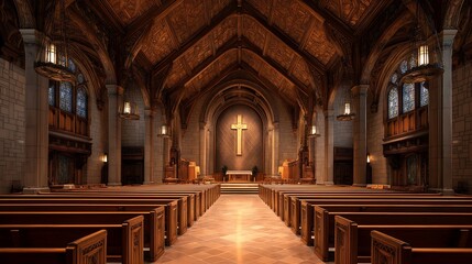 Obraz premium Interior of Church Sanctuary with Golden Cross Symbol, Rows of Empty Wooden Pews and Religious Architectural Design