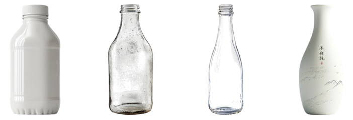 Collection of Various Glass and Plastic Bottle Designs for Beverage Storage, Isolated on Transparent Background
