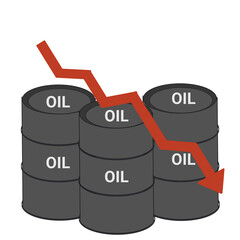 Oil price decline shown with a red arrow pointing down over barrels of crude oil against a illustrating economic downturn