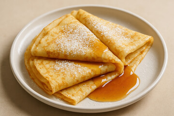 Delicious thin crepes folded on white plate with sweet syrup and powdered sugar, tasty breakfast or dessert concept
