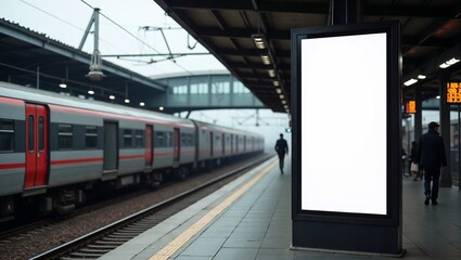 Mock up Vertical advertising billboard lightbox with empty digital screen on railway station.