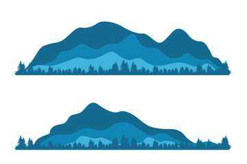 Vector illustration of layered mountain landscape with pine trees and forest silhouette, minimal flat design with blue gradient tones on white background.