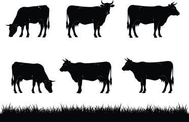 Cow silhouette vector set, grazing cattle illustration, black farm animal icons, pasture grass design, livestock clipart for agriculture, rural themes