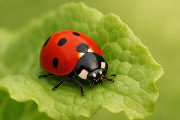 Fototapeta premium Vibrant red ladybug resting on fresh green leaf in natural environment with soft blurred background outdoors